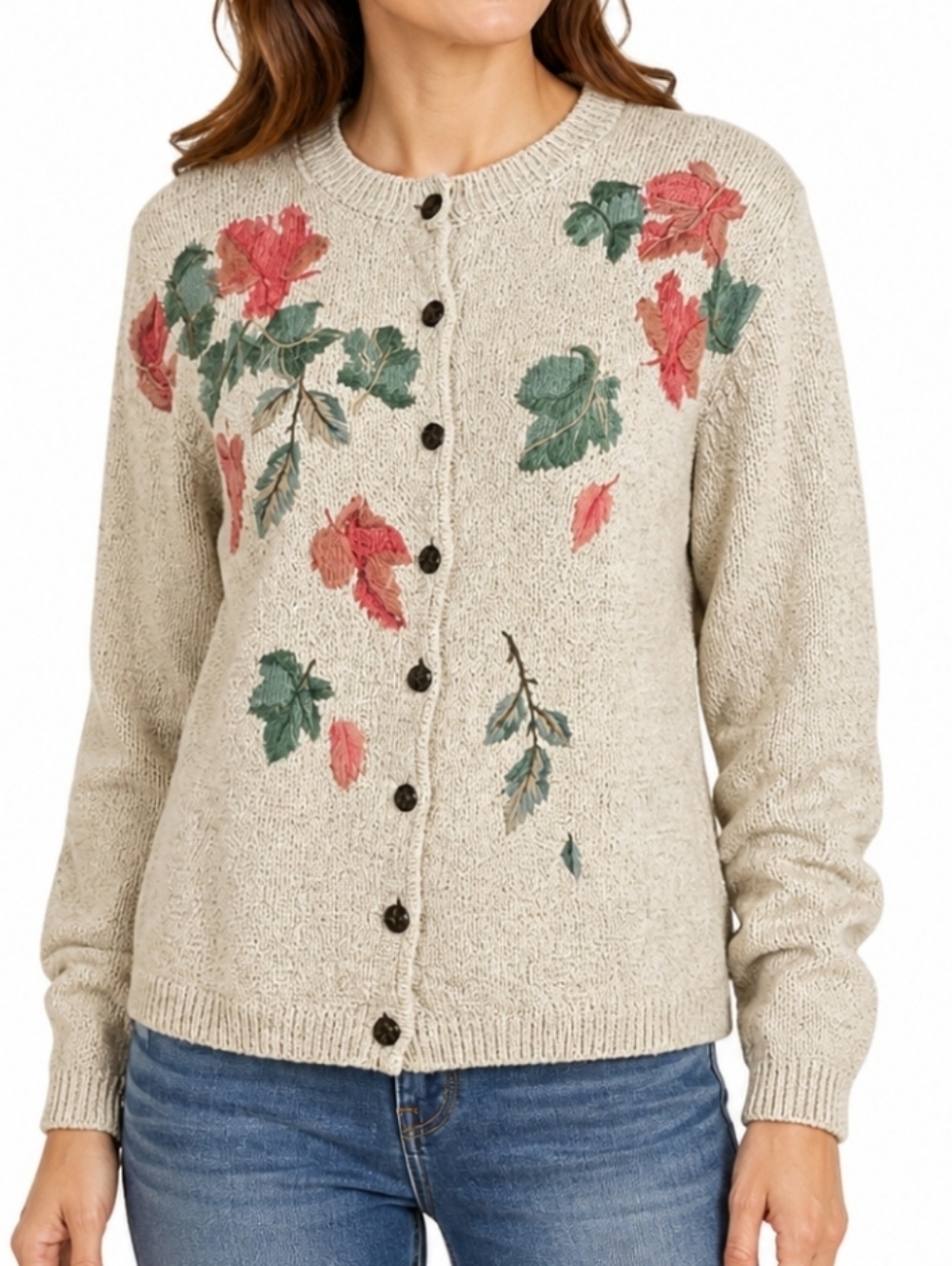 VTG Monterey by Koret Linen Cotton Knit Cream Cardigan w Embroidered Leaf Motif